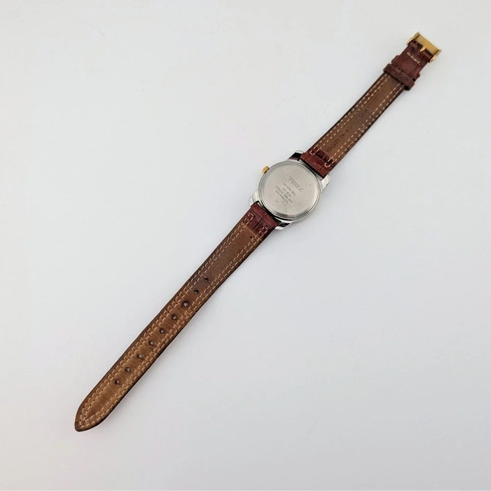 Timex Indiglo Two-Tone Women's Watch Radial Textured Dial Brown Leather 28mm